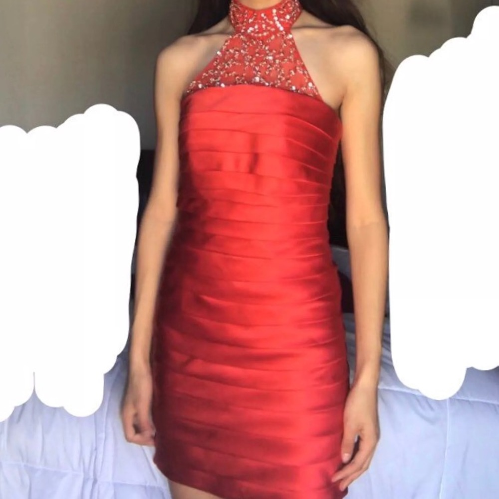 Red high-neck cocktail dress